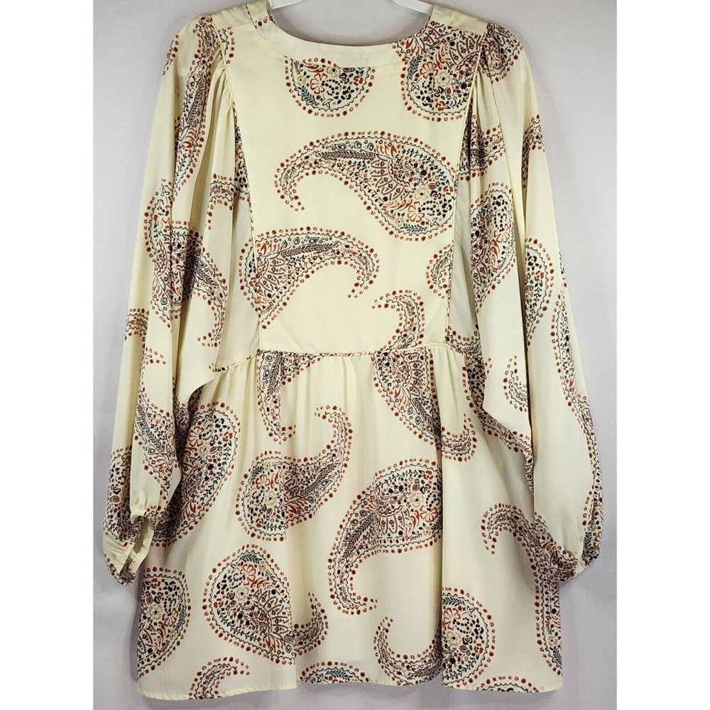 Cal Style Dress Womens Large Cream Paisley Print Balloon Sleeve Tunic Mini - Picture 2 of 13